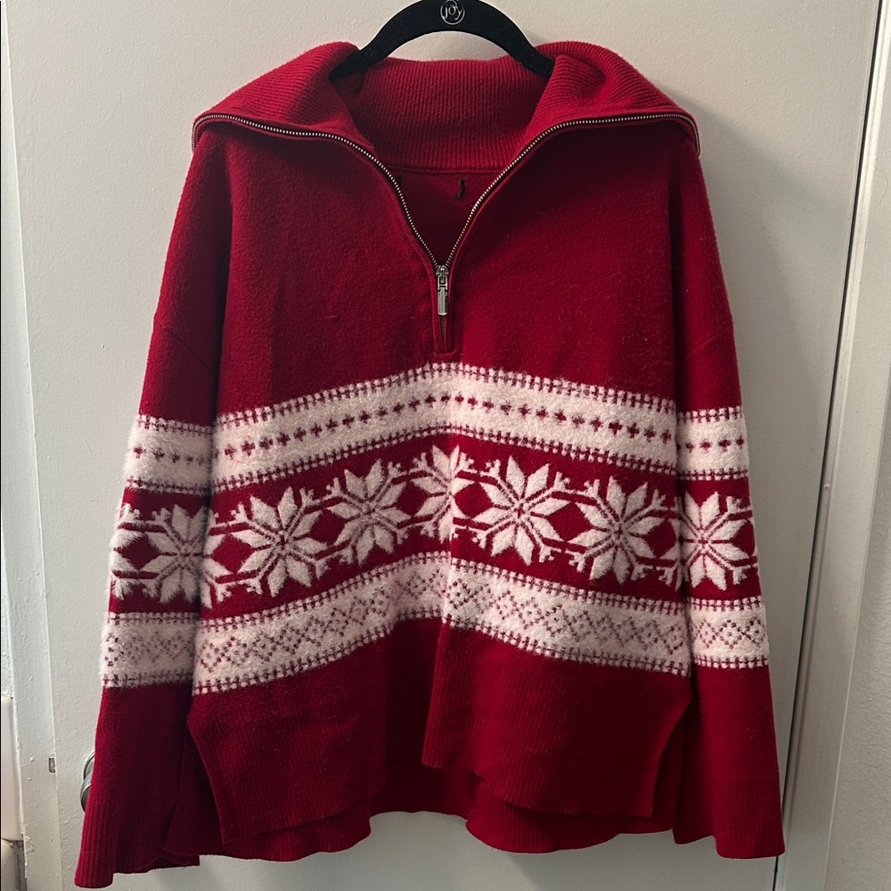 Red and White Snowflake Quarter Zip Sweater